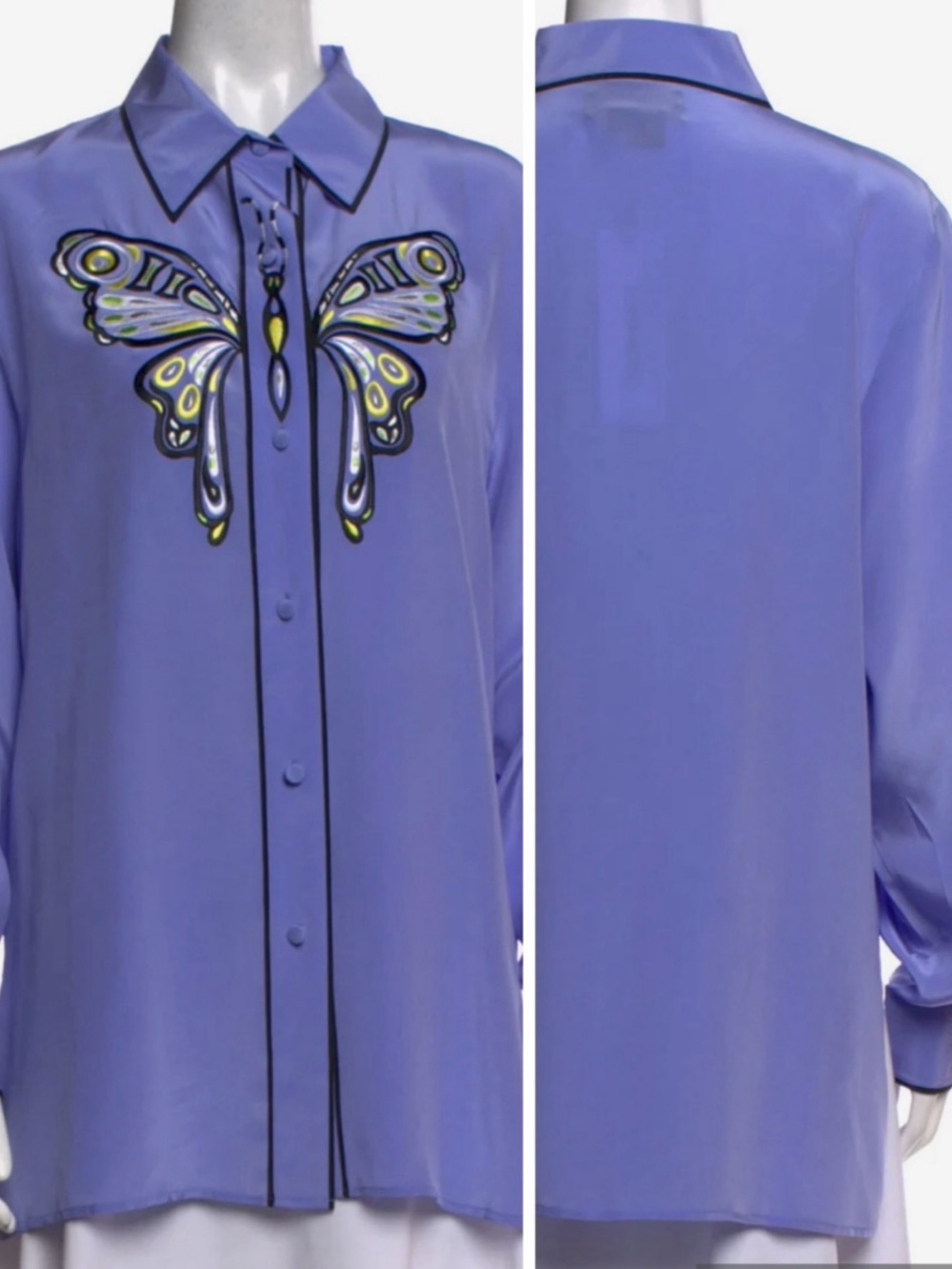 Bob Mackie Wearable Art Purple Butterfly Silk Button Down Blouse